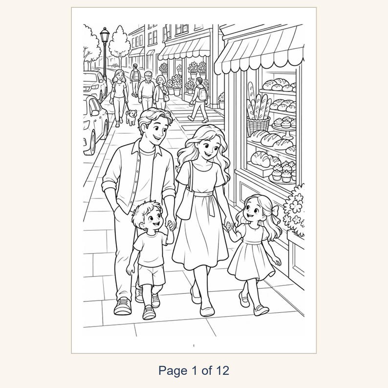 Puede incluir: Una p&aacute;gina para colorear en blanco y negro que muestra a una familia de cuatro personas caminando frente a una panader&iacute;a. La escena incluye a dos padres, un ni&ntilde;o peque&ntilde;o y una ni&ntilde;a peque&ntilde;a tomados de la mano en una acera. El escaparate muestra varios panes y pasteles. El texto Page 1 of 12 aparece en la parte inferior.