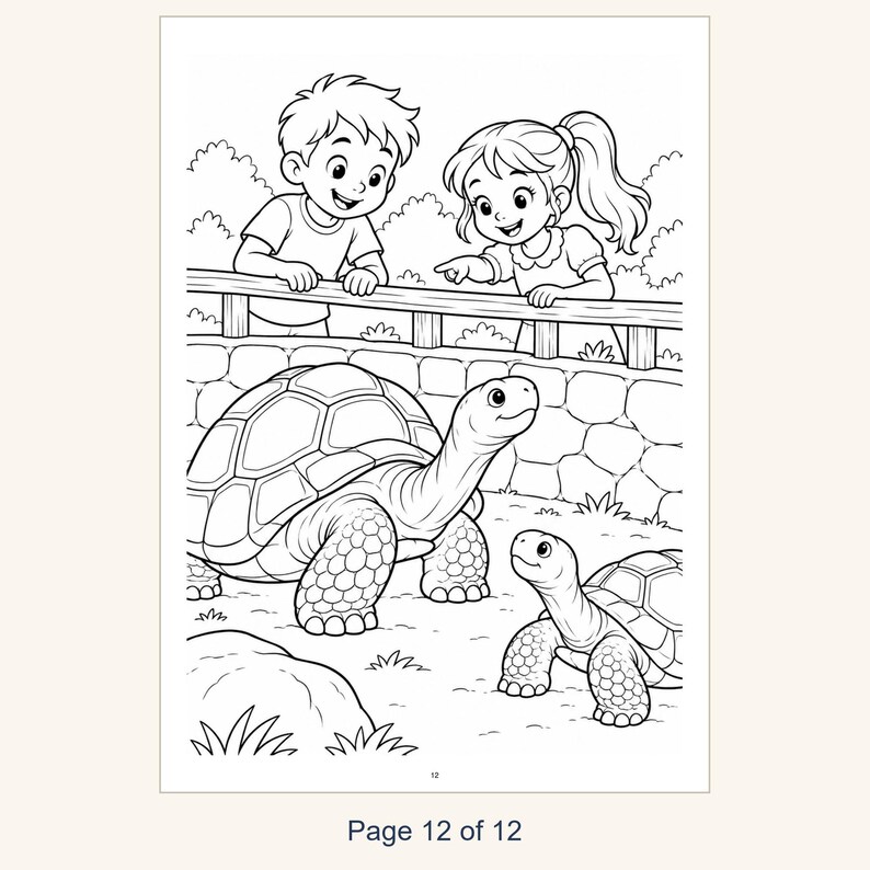 May include: A black and white coloring page featuring a boy and a girl leaning over a stone wall to look at two tortoises. The scene includes a large tortoise and a smaller one on the ground, with bushes in the background and the text Page 12 of 12.