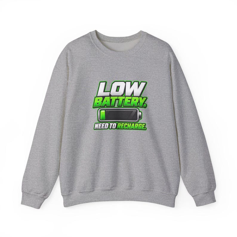 Sudadera con batería baja, divertida sudadera de cuello redondo con estampado de cansancio, regalo para amantes de las siestas que necesitan recargarse. imagen 3