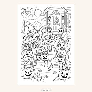 May include: A black and white coloring page illustration featuring three children in Halloween costumes, including a witch, a superhero, and a cat, holding jack-o'-lantern candy buckets in front of a house decorated with pumpkins.