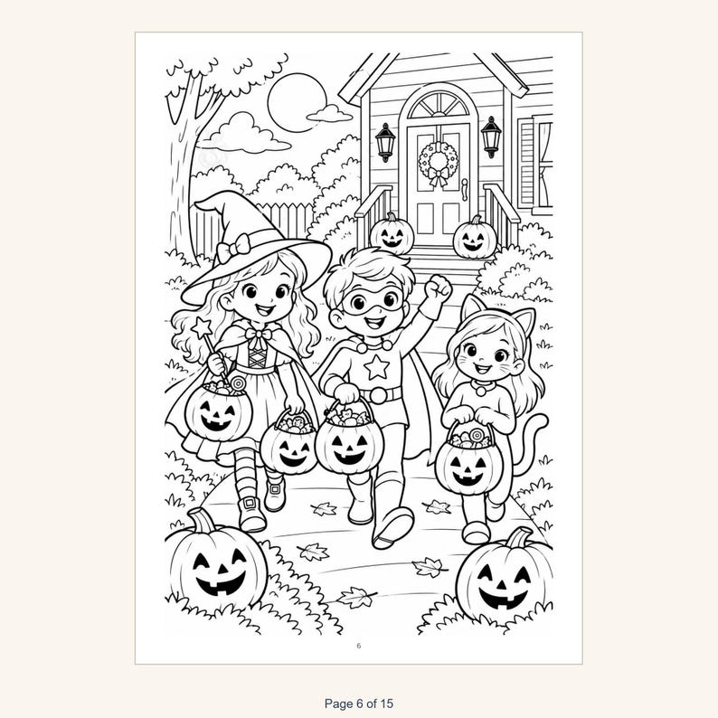 May include: A black and white coloring page illustration featuring three children in Halloween costumes, including a witch, a superhero, and a cat, holding jack-o'-lantern candy buckets in front of a house decorated with pumpkins.