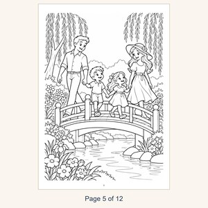May include: A black and white coloring page illustration featuring a family of four walking across an arched bridge over a stream. The scene includes a father, mother, son, and daughter surrounded by willow trees and various flowers.