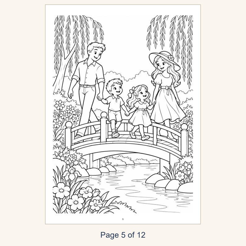 May include: A black and white coloring page illustration featuring a family of four walking across an arched bridge over a stream. The scene includes a father, mother, son, and daughter surrounded by willow trees and various flowers.