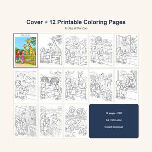 May include: A digital collection titled Cover + 12 Printable Coloring Pages A Day at the Zoo, featuring a colored cover and twelve black and white line art illustrations of children observing various zoo animals like giraffes, elephants, and lions.