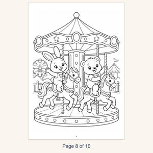Kids Coloring Book Printable, Cute Animals at the Amusement Park Coloring Pages, 10 Page PDF for Children, Instant Download Kids Activity image 10