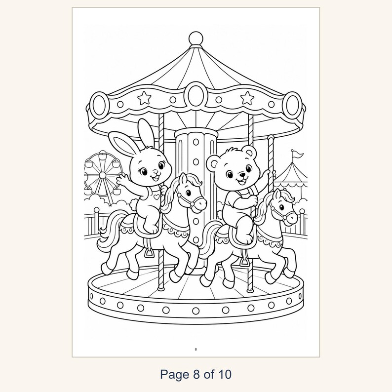 Kids Coloring Book Printable, Cute Animals at the Amusement Park Coloring Pages, 10 Page PDF for Children, Instant Download Kids Activity image 10
