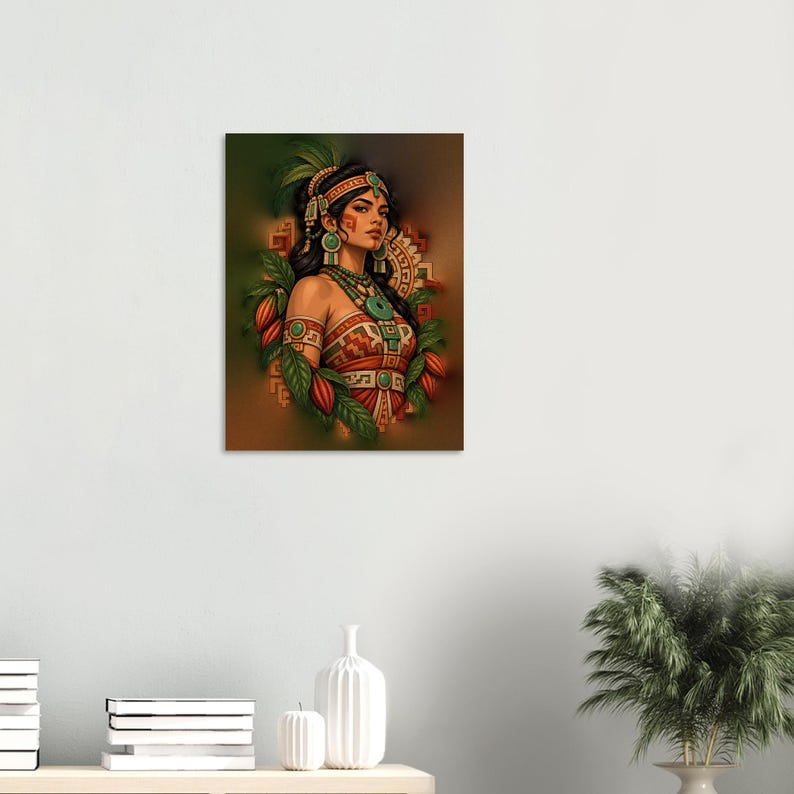 May include: A digital illustration of a person with dark hair wearing a patterned orange and red garment, adorned with turquoise jewelry and a headpiece, surrounded by green leaves and red cacao pods against a brown background.