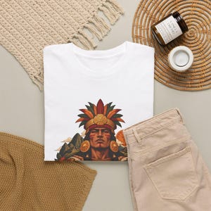 May include: A white t-shirt featuring a graphic print of a person wearing a large, colorful feathered headdress and circular gold jewelry. The design includes stylized mountain peaks and a sun motif in the background, rendered in warm tones.