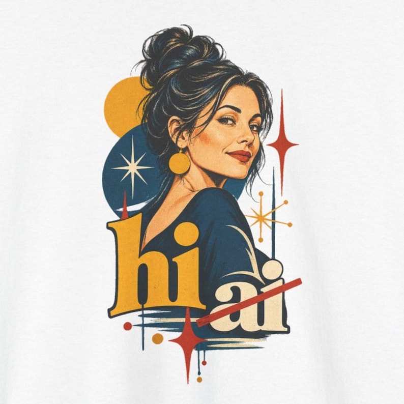 Mid-Century Retro Woman T-Shirt, Atomic Starburst, Anti-AI Gift (100% Cotton) image 1
