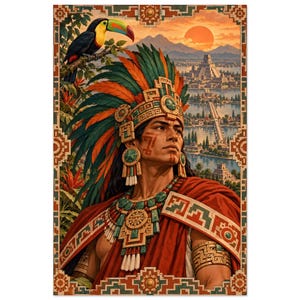 Aztec Warrior Poster, Toucan and Tenochtitlan, Mexican Heritage Wall Art Print image 2