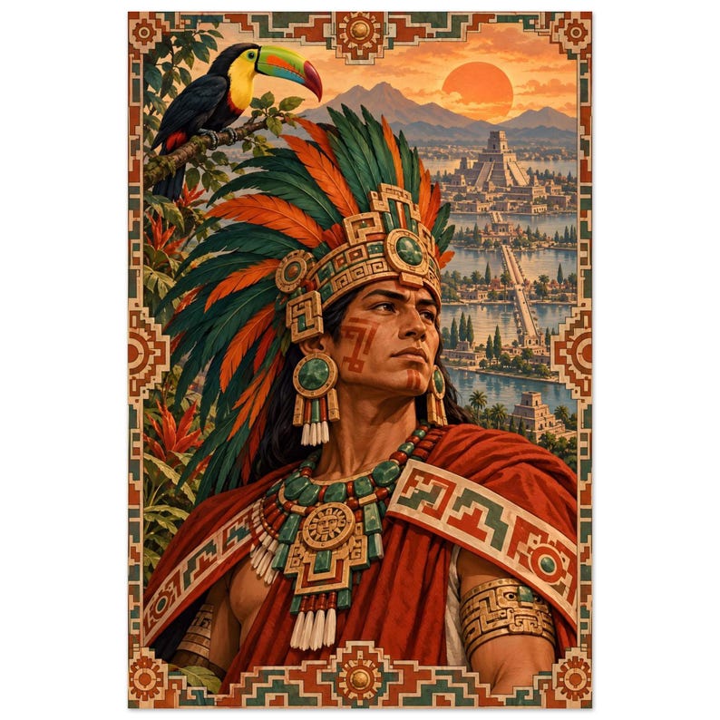 Aztec Warrior Poster, Toucan and Tenochtitlan, Mexican Heritage Wall Art Print image 2