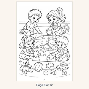 May include: A black and white coloring page illustration featuring four children sitting on the floor assembling a jigsaw puzzle that depicts a house, trees, and a sun. Nearby are a teddy bear, a ball, a toy car, and building blocks.