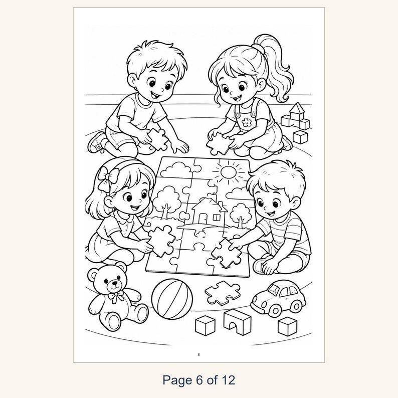 May include: A black and white coloring page illustration featuring four children sitting on the floor assembling a jigsaw puzzle that depicts a house, trees, and a sun. Nearby are a teddy bear, a ball, a toy car, and building blocks.