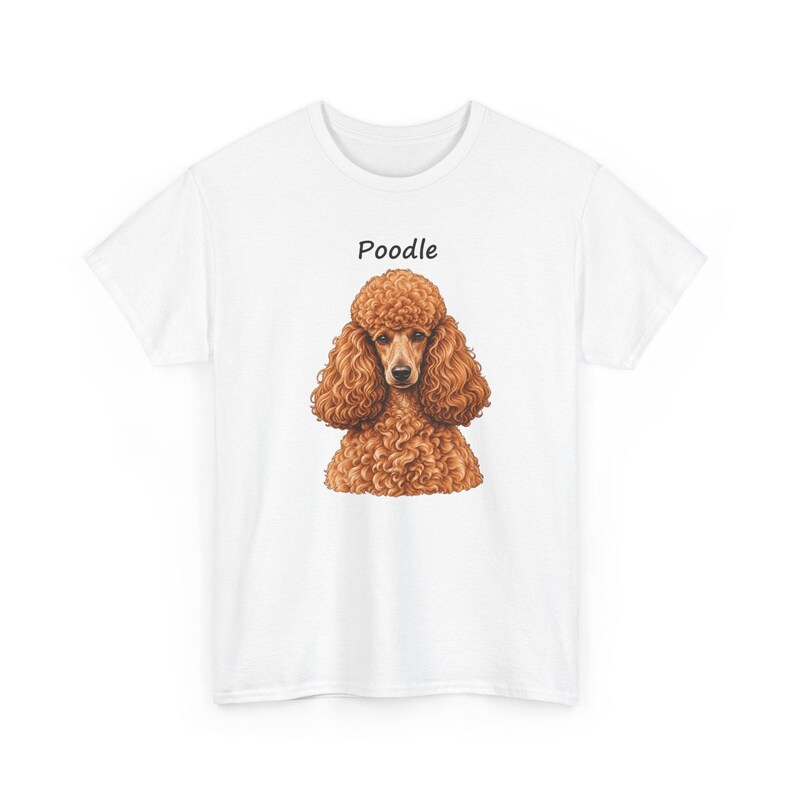 May include: A white short-sleeved t-shirt featuring a centered graphic illustration of a brown poodle with curly fur. Above the dog illustration, the word Poodle is printed in a simple black sans-serif font. The shirt has a crew neckline.