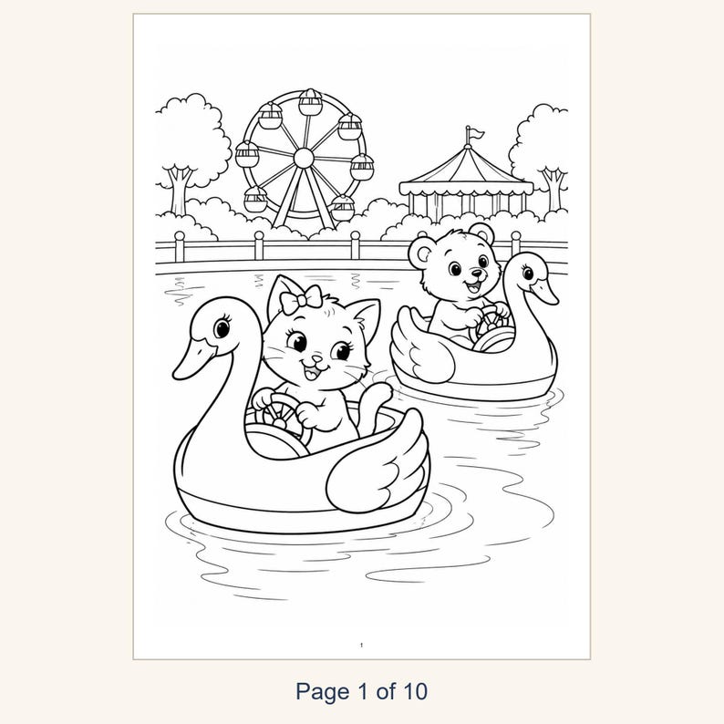 Kids Coloring Book Printable, Cute Animals at the Amusement Park Coloring Pages, 10 Page PDF for Children, Instant Download Kids Activity image 3