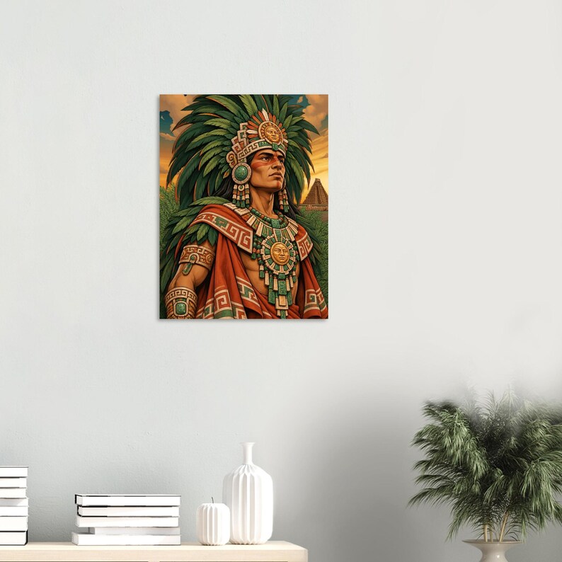 Aztec warrior with green feather headdress, matte poster.