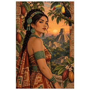 Mayan woman with a toucan and jungle pyramid at sunset, matte poster. A portrait of a person with dark braided hair wearing a patterned brown garment and green stone jewellery.