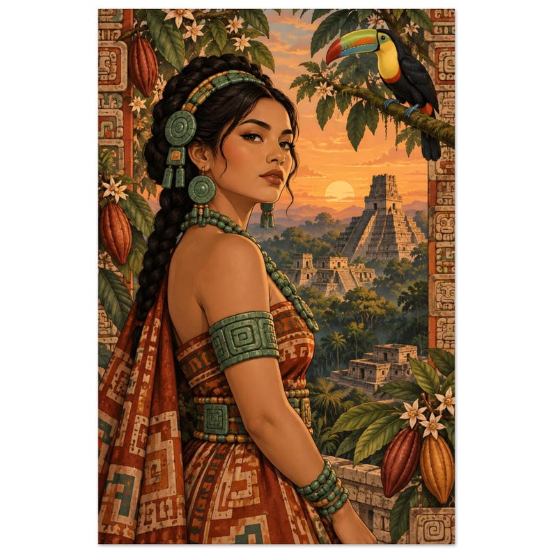 Mayan woman with a toucan and jungle pyramid at sunset, matte poster. A portrait of a person with dark braided hair wearing a patterned brown garment and green stone jewellery.