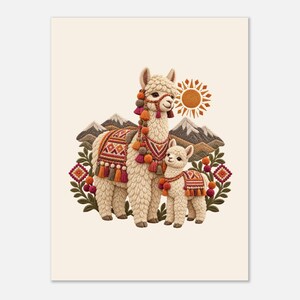 Mama Llama and Baby Poster, Peruvian Folk Art Print, Andes Nursery Wall Decor image 6