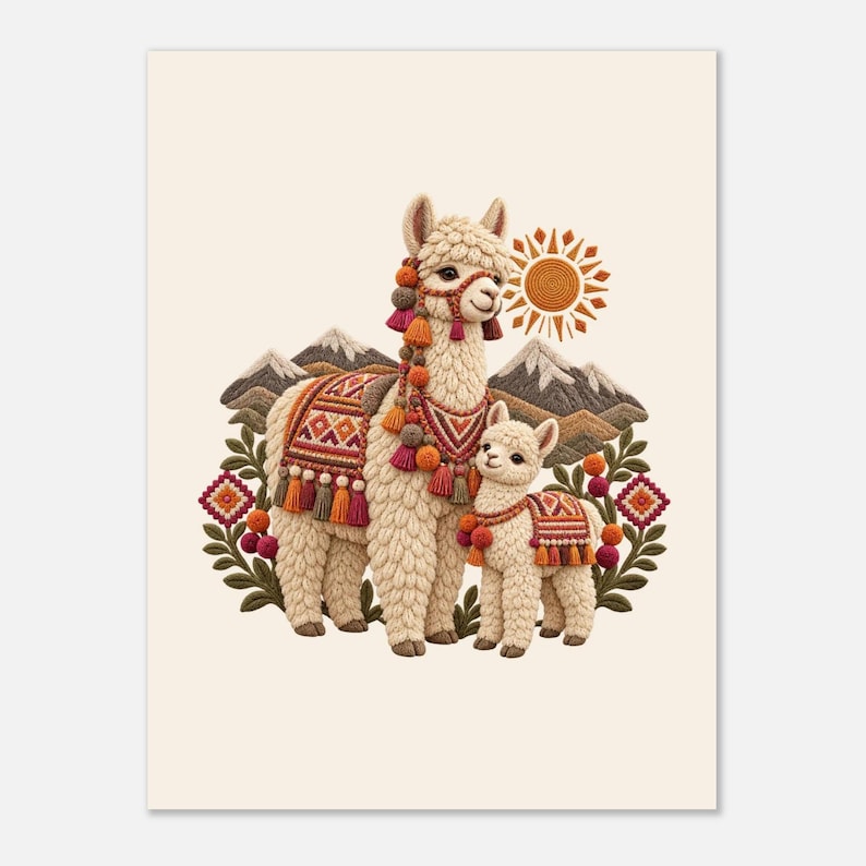 Mama Llama and Baby Poster, Peruvian Folk Art Print, Andes Nursery Wall Decor image 6