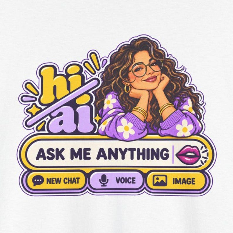 Funny AI Robot Chat T-Shirt, Curly Hair Woman, Purple Chat Box (100% Cotton) image 1