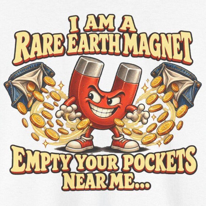 Op de afbeelding: Een grafische print met een rode hoefijzermagneet-figuur met een lachend gezicht, witte handschoenen en rode sneakers. De tekst luidt I AM A RARE EARTH MAGNET en EMPTY YOUR POCKETS NEAR ME, omringd door gouden munten die uit blauwe spijkerbroekzakken vliegen.