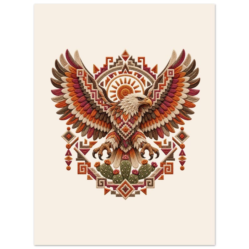 Impressão de arte folclórica mexicana, pôster de águia asteca e sol, decoração de parede de cacto imagem 2