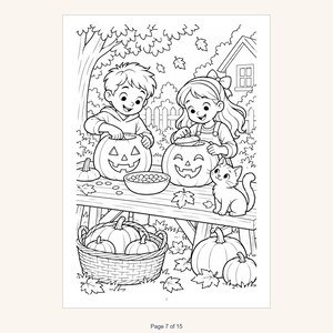 May include: A black and white coloring page illustration featuring two children carving jack-o'-lanterns on a wooden table. A small cat sits nearby, and a basket filled with pumpkins rests on the ground. The scene includes autumn leaves.