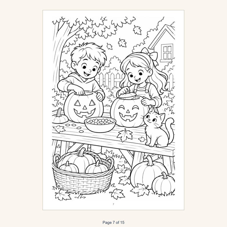 May include: A black and white coloring page illustration featuring two children carving jack-o'-lanterns on a wooden table. A small cat sits nearby, and a basket filled with pumpkins rests on the ground. The scene includes autumn leaves.