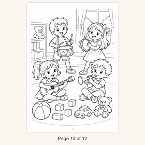 May include: A black and white coloring page illustration featuring four children playing musical instruments including a drum, tambourine, guitar, and trumpet, surrounded by toys like a ball, blocks, a toy car, and two teddy bears.
