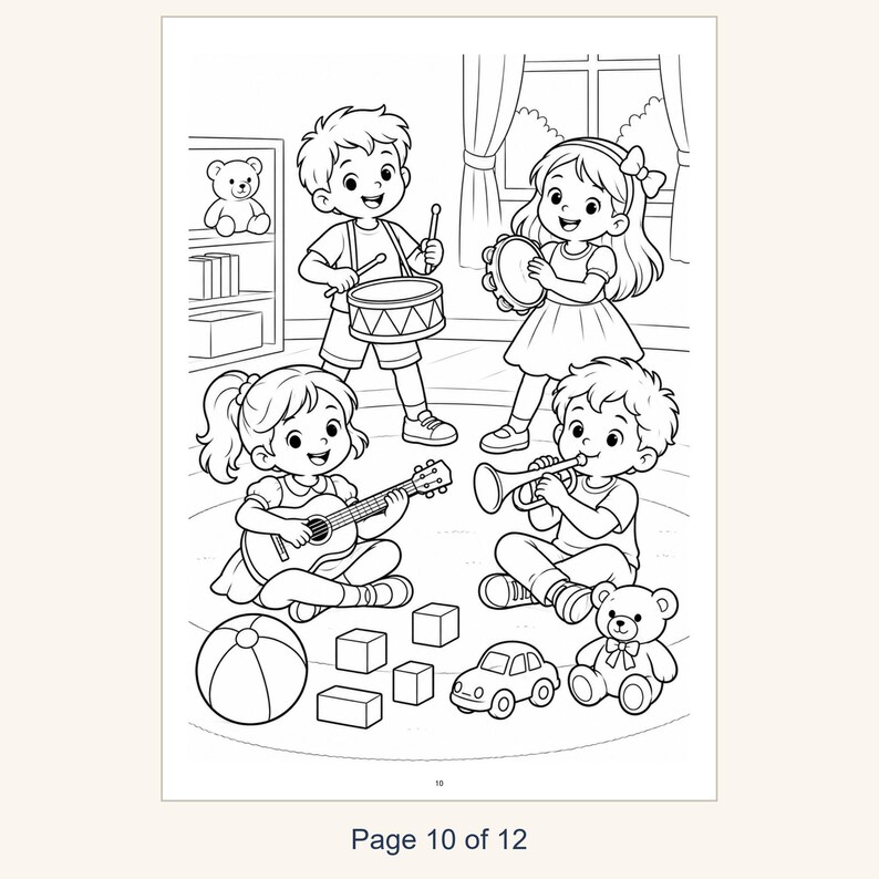 May include: A black and white coloring page illustration featuring four children playing musical instruments including a drum, tambourine, guitar, and trumpet, surrounded by toys like a ball, blocks, a toy car, and two teddy bears.