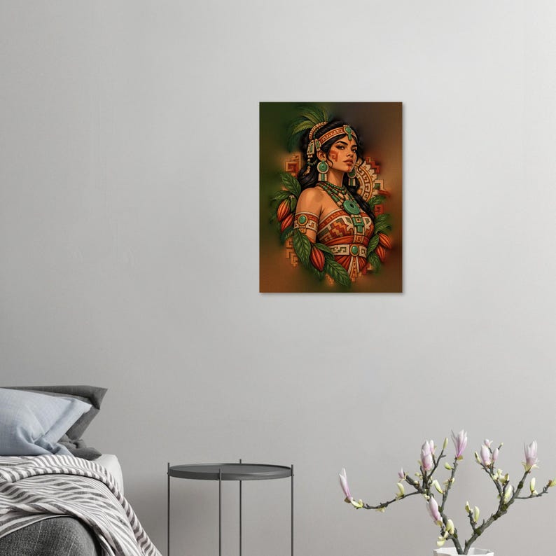 May include: A rectangular wall art print featuring a portrait of a person adorned in ornate turquoise jewelry, a feathered headdress, and patterned garments, surrounded by green leaves and orange cacao pods against a warm brown background.