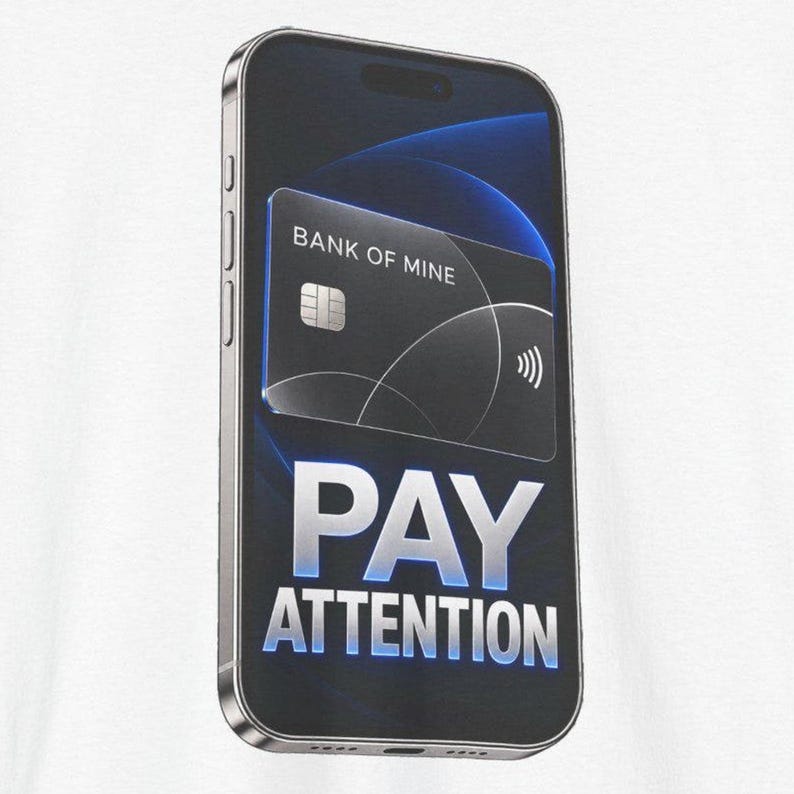 May include: A smartphone graphic featuring a dark blue screen with a black credit card labeled BANK OF MINE and the bold white text PAY ATTENTION. The design includes a silver metallic frame and a contactless payment symbol on the card.