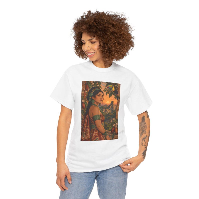 Mayan Woman T-Shirt with Toucan and Sunset Pyramid, Latina Graphic Tee for Women, Guatemala Mexico Art Shirt, Tropical Bird Heritage Gift image 6