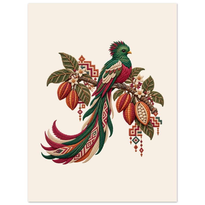 Resplendent Quetzal Poster, Guatemala Folk Art Print, Bird and Cacao Wall Decor image 1