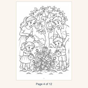 May include: A black and white coloring page illustration featuring a family of four gardening together. Two adults and two children are shown watering a rose bush and tending to a fruit tree with pears. The number 4 is printed at the bottom.