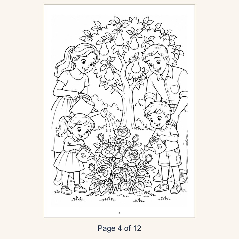 May include: A black and white coloring page illustration featuring a family of four gardening together. Two adults and two children are shown watering a rose bush and tending to a fruit tree with pears. The number 4 is printed at the bottom.