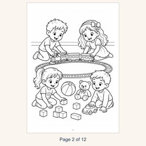 May include: A black and white coloring page illustration featuring four children playing with toys. Two children play with a toy train on a circular track, while two others play with building blocks, a ball, a teddy bear, and a toy car.