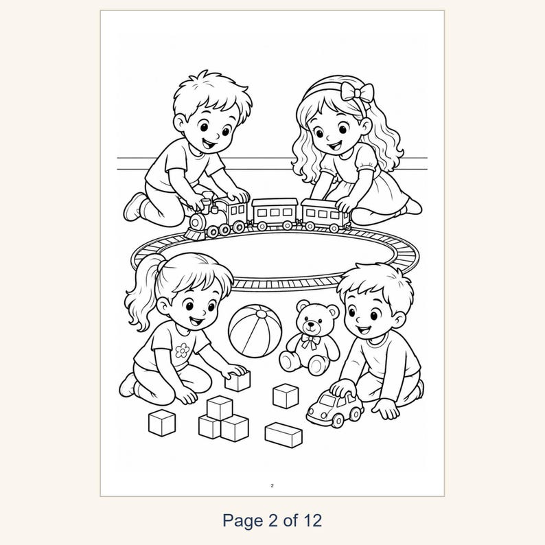 May include: A black and white coloring page illustration featuring four children playing with toys. Two children play with a toy train on a circular track, while two others play with building blocks, a ball, a teddy bear, and a toy car.