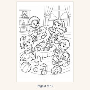 May include: A black and white coloring page featuring four children having a tea party with teddy bears and a doll. The scene includes a round table with a teapot, cups, and cookies, surrounded by toys like a ball, blocks, and a toy car.