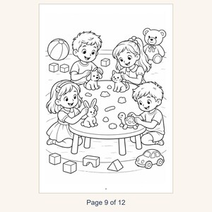 May include: A black and white coloring page illustration featuring four children sitting around a circular table playing with small animal figurines. A ball, building blocks, a teddy bear, and a toy car are scattered nearby.