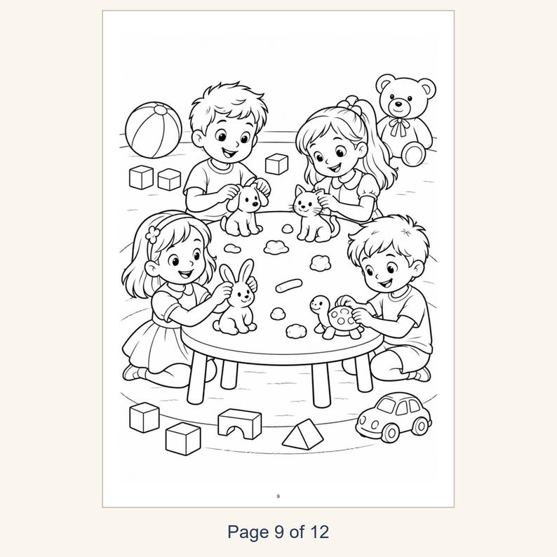 May include: A black and white coloring page illustration featuring four children sitting around a circular table playing with small animal figurines. A ball, building blocks, a teddy bear, and a toy car are scattered nearby.