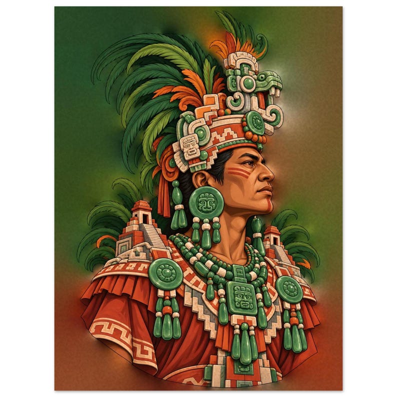 Mayan King Poster, Noble in Jade Headdress, Guatemala Mexico Wall Art Print image 2