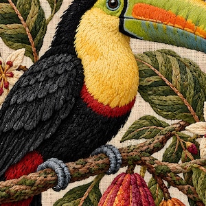 Puede incluir: Un bordado detallado que muestra un tucán con plumas negras, pecho amarillo y un gran pico verde, naranja y azul. El ave está posada sobre una rama texturizada rodeada de hojas verdes, flores blancas y frutos de color rojo.