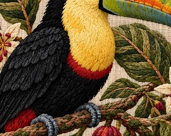 Könnte beinhalten: Ein detailliertes Stickbild eines Tukans mit schwarzem Gefieder, gelber Brust und einem großen grünen, orangefarbenen und blauen Schnabel. Der Vogel sitzt auf einem strukturierten Ast, umgeben von grünen Blättern, weißen Blüten und roten Früchten.