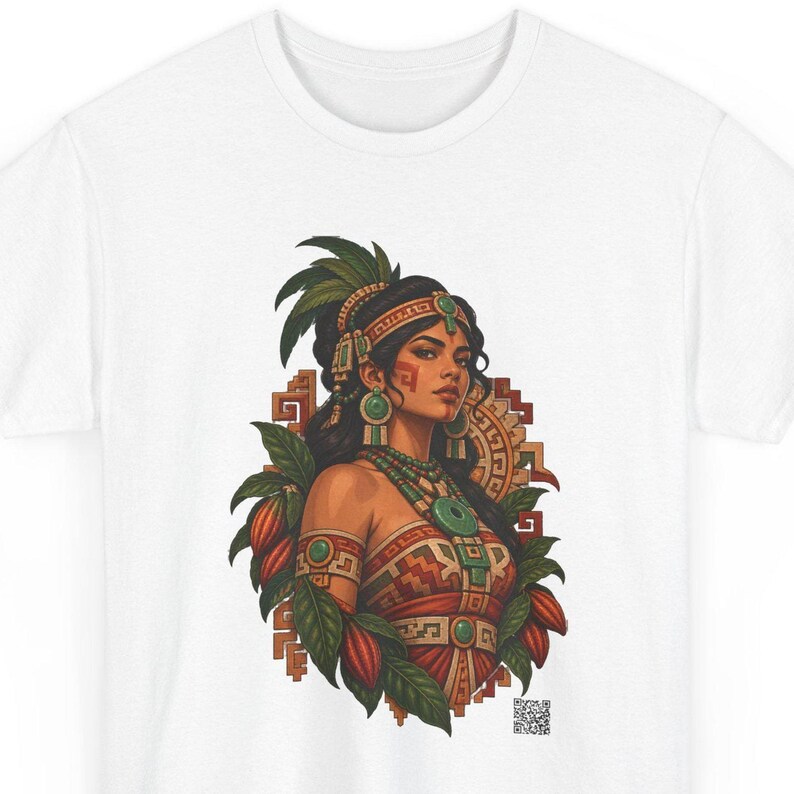 Mayan princess t-shirt, Maya princess in jade jewelry framed by cacao pods, front print of the t-shirt.