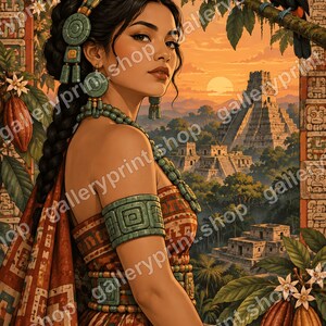 Könnte beinhalten: Eine digitale Illustration einer Person mit dunklem geflochtenem Haar, geschmückt mit grünem Kopfschmuck und Schmuck, vor antiken Steinpyramiden bei Sonnenuntergang. Ein Tukan sitzt auf einem Ast in der Nähe, umgeben von Kakaoschoten.