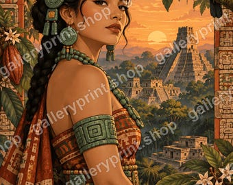 Printable Maya Woman Wall Art, Toucan and Pyramid Digital Download, Mayan Art Print, Mexican Wall Art, Latina Gift, Jungle Sunset Decor