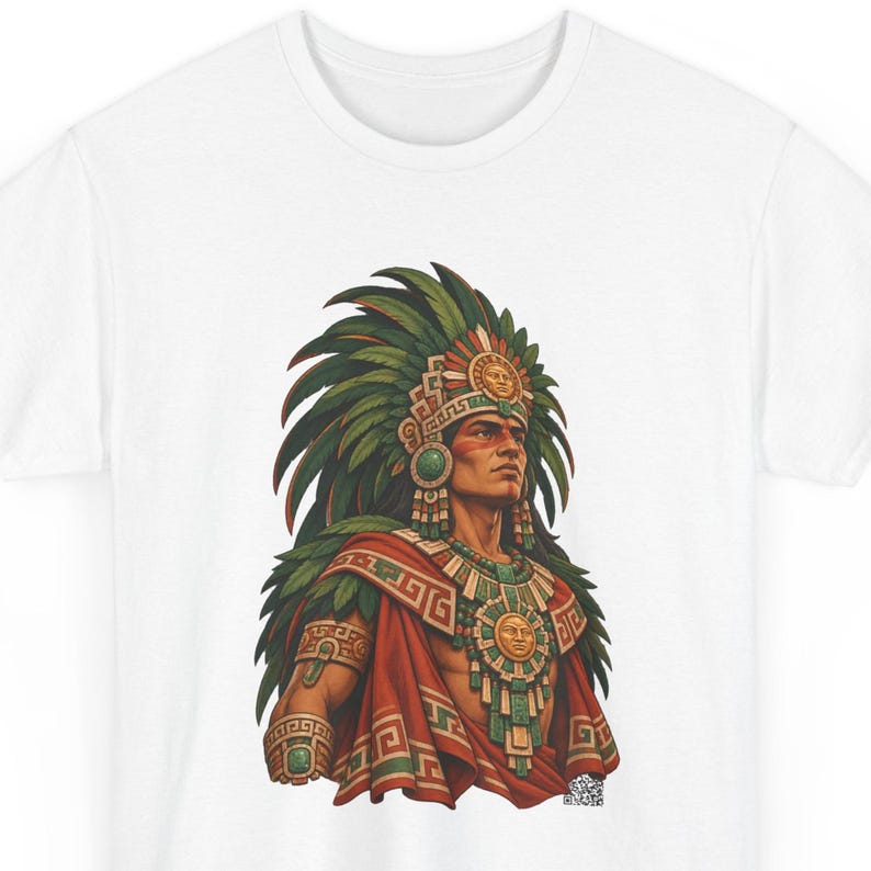 Aztec warrior shirt, Mexica warrior in a green feather headdress with gold sun medallions, front print of the t-shirt.