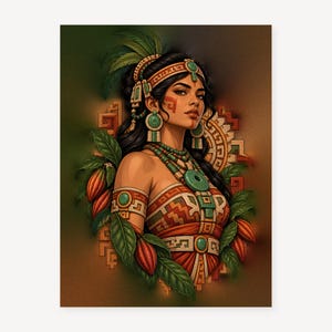 May include: A digital illustration of a person with dark hair wearing a green and orange patterned garment, adorned with jade-colored jewelry, a feathered headpiece, and facial markings, surrounded by cacao pods and leaves.